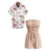 Vacation Couple Outfit Solid Color Ruffle Cinched Romper and Tropical Leaf Print Shirt Set - café lumière S | US 4