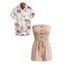 Vacation Couple Outfit Solid Color Ruffle Cinched Romper and Tropical Leaf Print Shirt Set - café lumière S | US 4