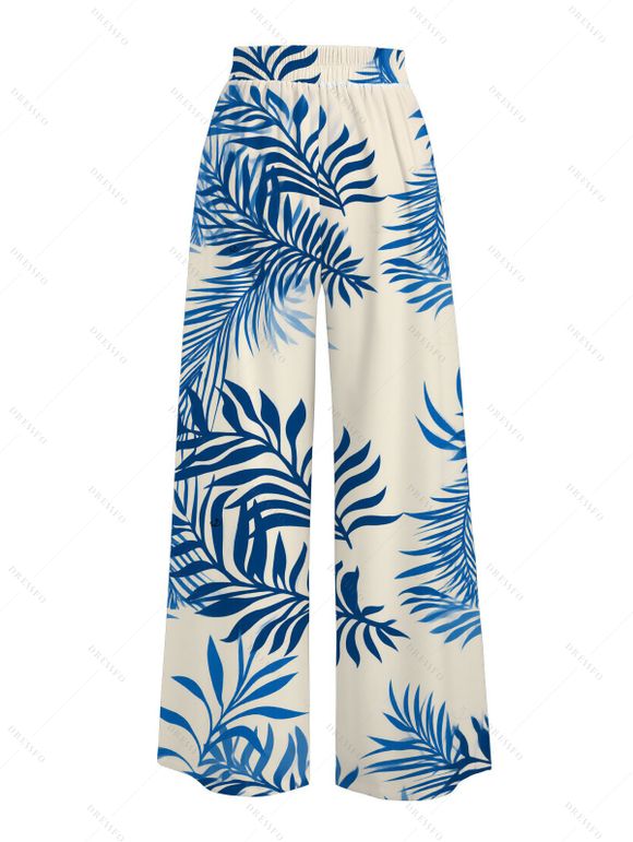 Vacation Pants Tropical Plant Leaf Print Wide Leg Belt Pants - Bleu XXXXXL | US 20
