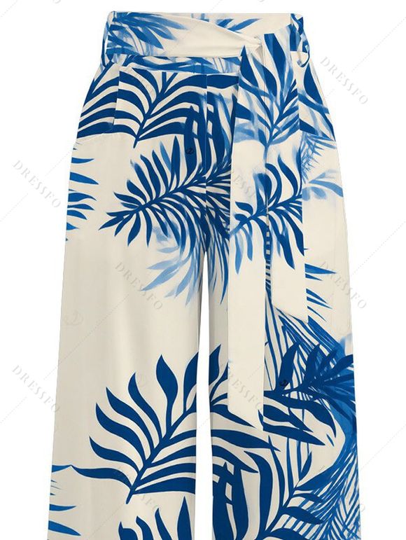 Vacation Pants Tropical Plant Leaf Print Wide Leg Belt Pants - Bleu XXXXXL | US 20