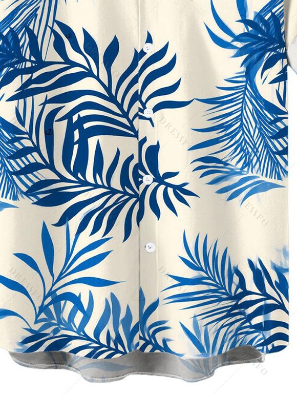 Men's Vacation Shirt Tropical Plant Leaf Print Button Up Shirt - Bleu 5XL