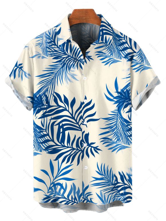 Vacation Couple Outfit Cropped Tank Top Tropical Leaf Print Belt Pants and Shirt Shorts Set - Bleu S | US 4