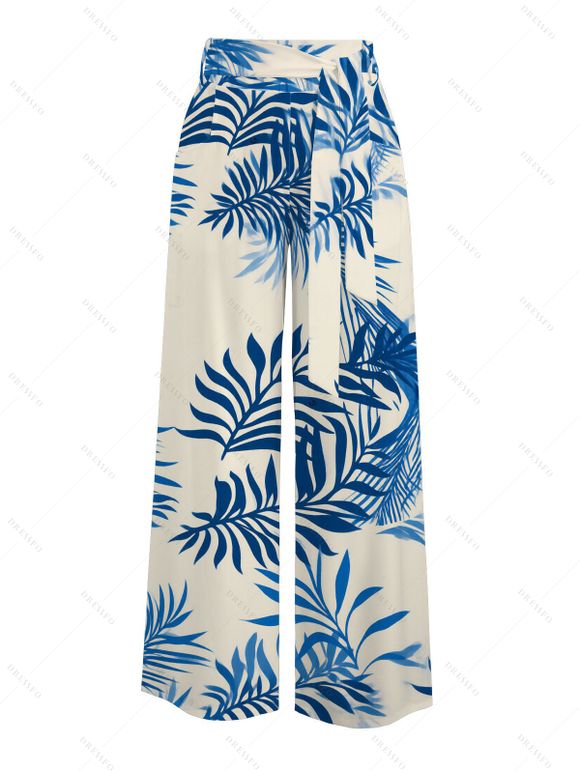 Vacation Couple Outfit Cropped Tank Top Tropical Leaf Print Belt Pants and Shirt Shorts Set - Bleu S | US 4