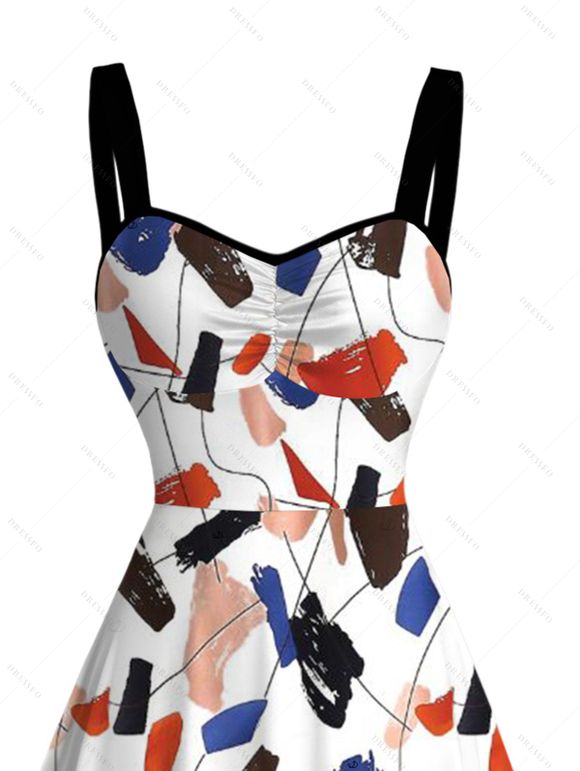 Vacation Dress Abstract Art Graffiti Color Block Print Ruched Bust Dress - Blanc XXXXXL | US 20