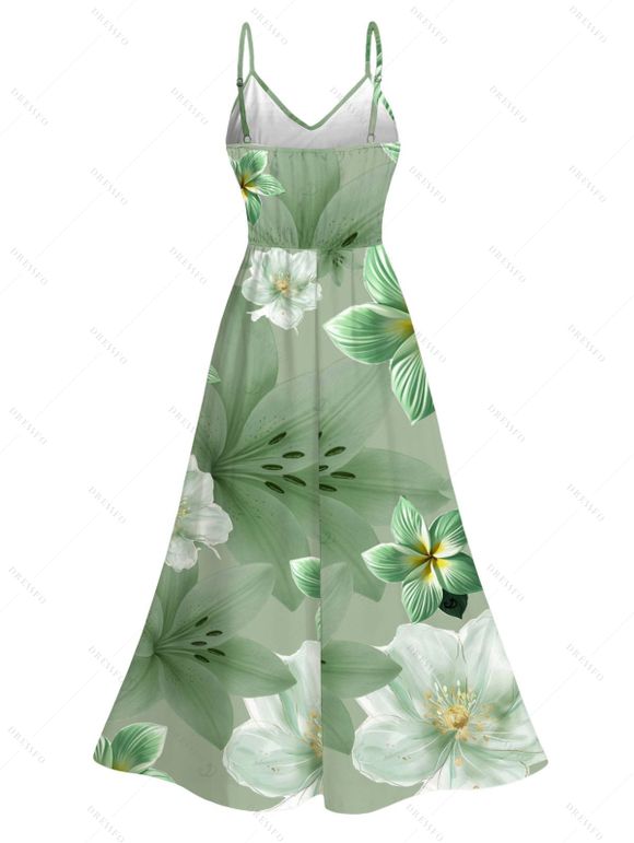 Vacation Hawaii Dress Hibiscus Lily Floral Print Lace Hollow Out Slit Dress - Vert clair XXXXXL | US 20