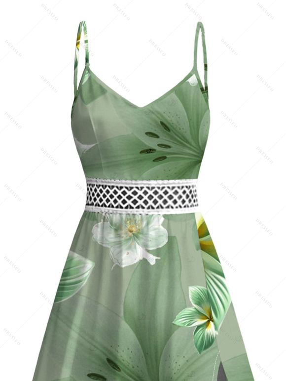 Vacation Hawaii Dress Hibiscus Lily Floral Print Lace Hollow Out Slit Dress - Vert clair XXXXXL | US 20