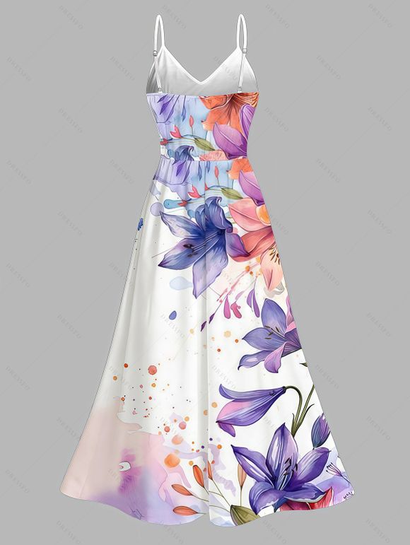 Hawaii Vacation Dress Lily Iris Floral Splash Ink Print Lace Hollow Out Slit Dress - Blanc XXXXXL | US 20