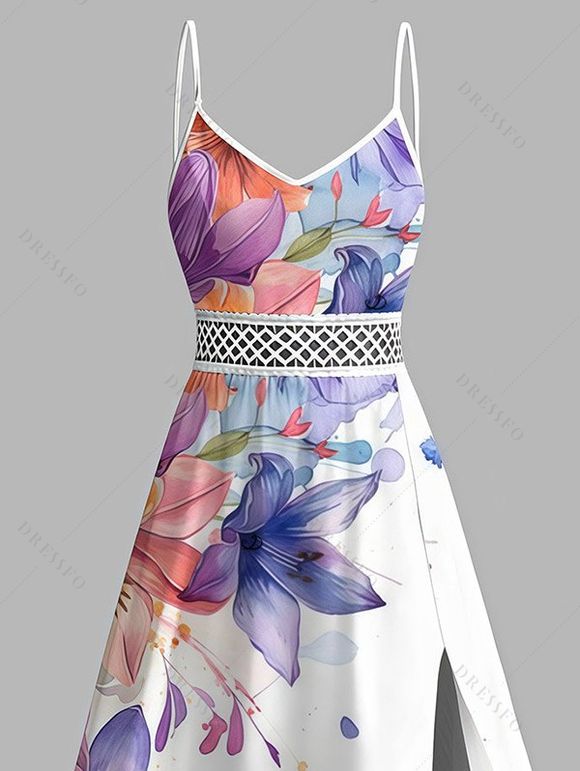 Hawaii Vacation Dress Lily Iris Floral Splash Ink Print Lace Hollow Out Slit Dress - Blanc XXXXXL | US 20