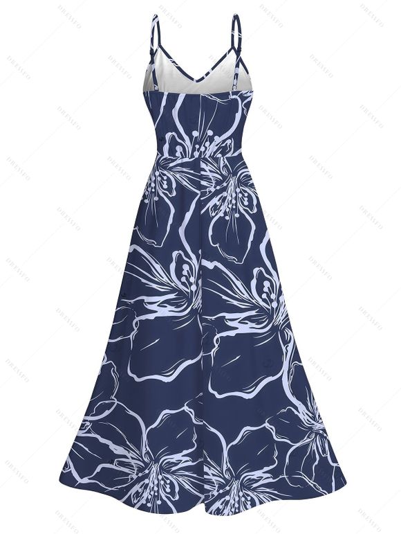 Hawaii Vacation Dress Outline Sketch Hibiscus Floral Print Lace Hollow Out Slit Dress - Bleu profond XXXXXL | US 20