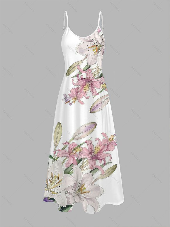 Vacation Dress Lily Floral Bud Print Pocket Spaghetti Strap Long Dress - Blanc XXXXXL | US 20