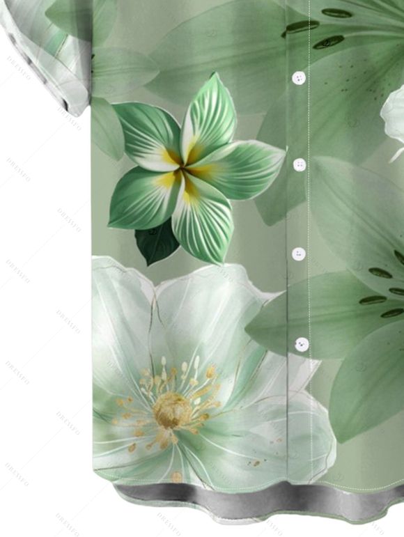 Men's Vacation Hawaii Shirt Bicolor Hibiscus Lily Floral Print Button Up Shirt - Vert clair 5XL