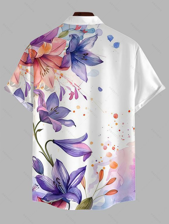 Men's Hawaii Vacation Shirt Lily Iris Floral Splash Ink Print Button Up Shirt - Blanc 5XL