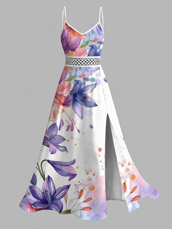 Hawaii Vacation Couple Outfit  Lily Iris Floral Print Lace Hollow Out Slit Dress and Shirt Set - Blanc S | US 4