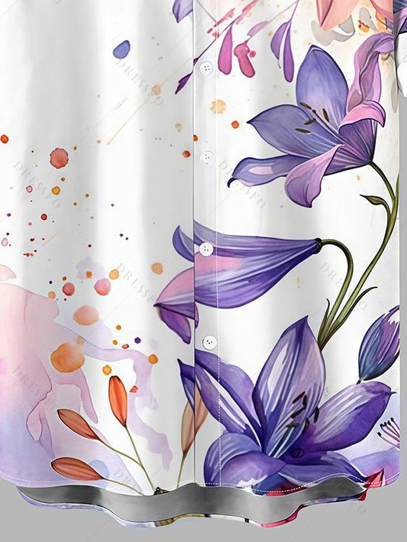 Men's Hawaii Vacation Shirt Lily Iris Floral Splash Ink Print Button Up Shirt - Blanc 5XL