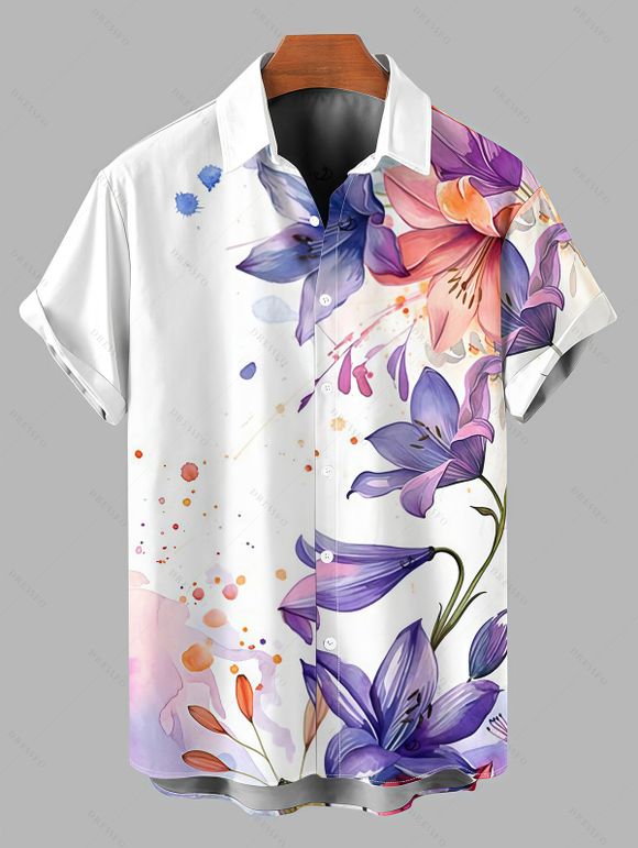 Hawaii Vacation Couple Outfit  Lily Iris Floral Print Lace Hollow Out Slit Dress and Shirt Set - Blanc S | US 4