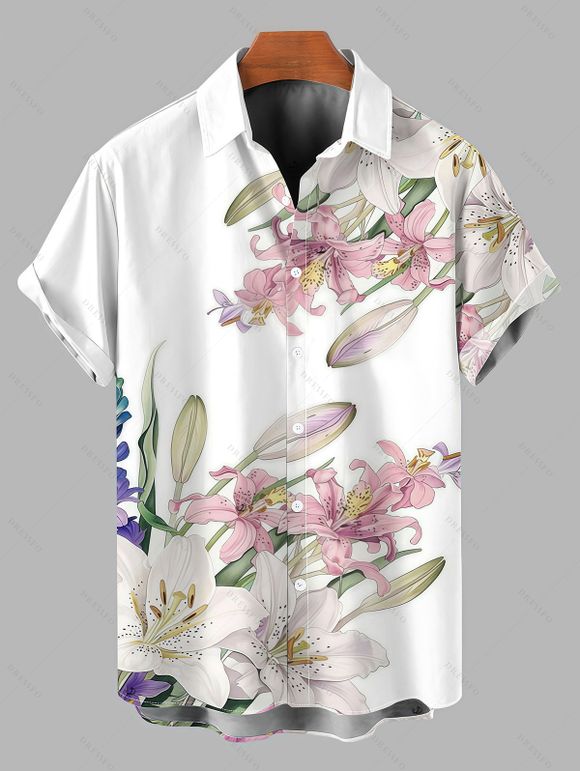 Men's Vacation Shirt Lily Flower Bud Print Button Up Shirt - Blanc 5XL