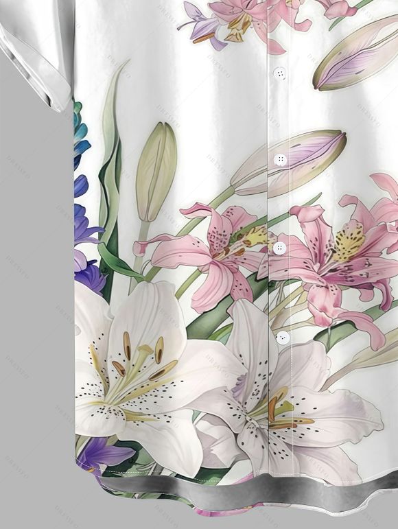 Men's Vacation Shirt Lily Flower Bud Print Button Up Shirt - Blanc 5XL