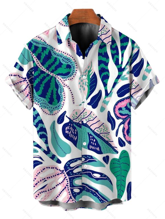 Hawaii Vacation Couple Outfit Cinched Contrast Color Monstera Leaf Print Swimsuit and Shirt Set - Bleu profond S | US 4