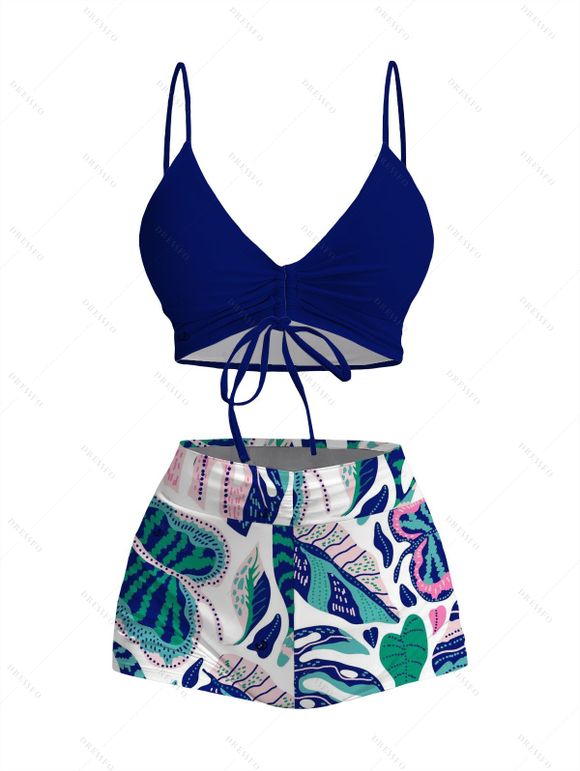 Hawaii Vacation Couple Outfit Cinched Contrast Color Monstera Leaf Print Swimsuit and Shirt Set - Bleu profond S | US 4
