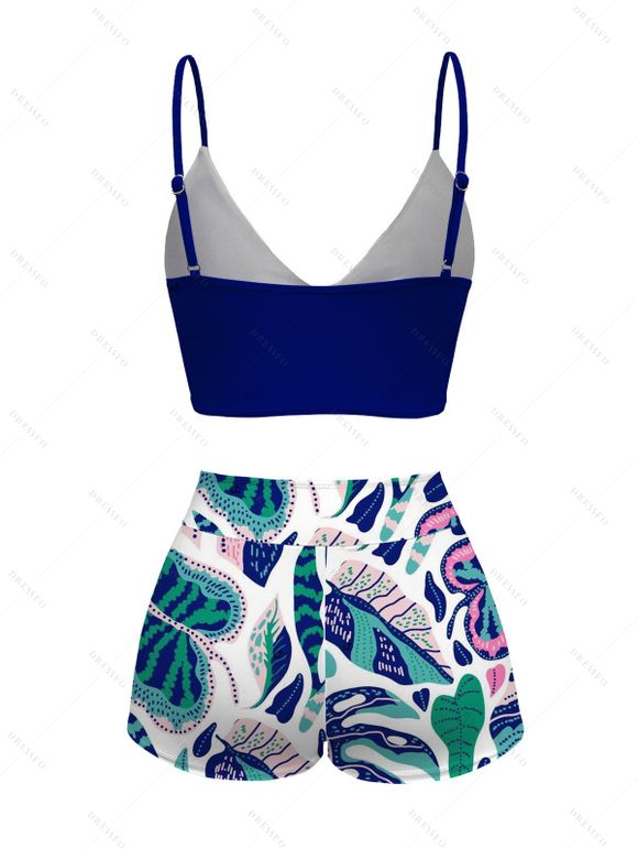 Hawaii Vacation Couple Outfit Cinched Contrast Color Monstera Leaf Print Swimsuit and Shirt Set - Bleu profond S | US 4