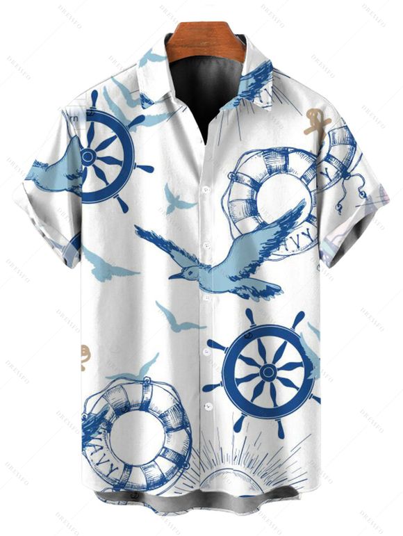 Vacation Couple Outfit Cinched Nautical Style Ship Wheel Seagull Print Swimsuit and Shirt Set - Blanc S | US 4