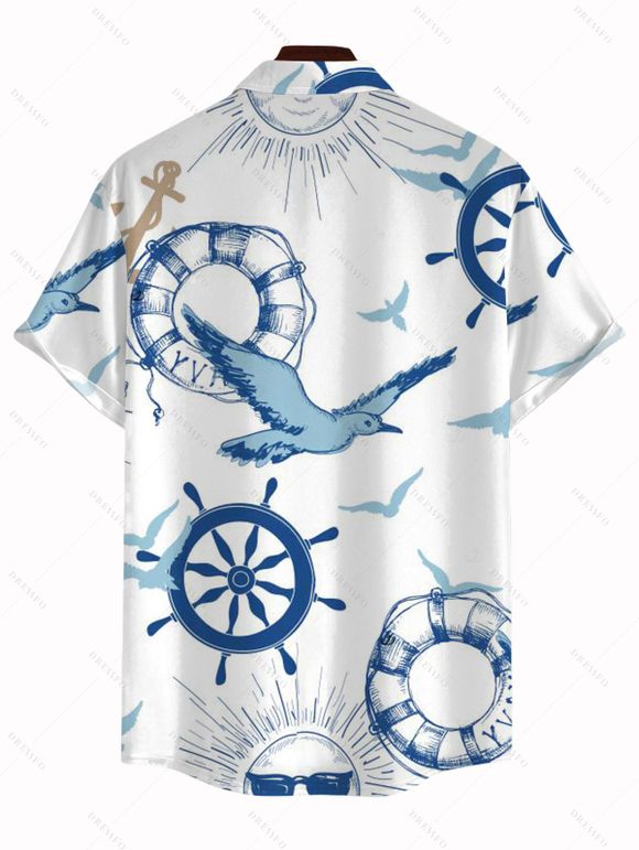 Vacation Couple Outfit Cinched Nautical Style Ship Wheel Seagull Print Swimsuit and Shirt Set - Blanc S | US 4