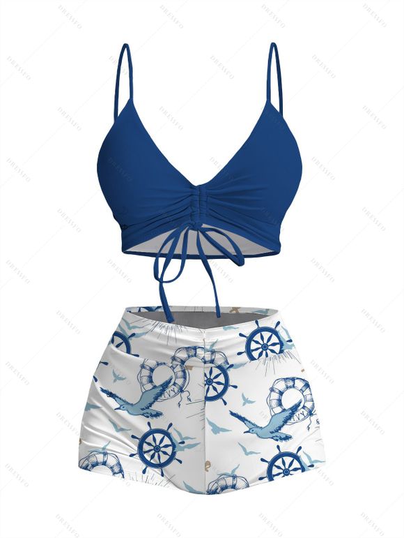 Vacation Couple Outfit Cinched Nautical Style Ship Wheel Seagull Print Swimsuit and Shirt Set - Blanc S | US 4