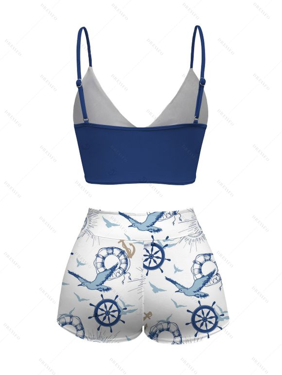 Vacation Couple Outfit Cinched Nautical Style Ship Wheel Seagull Print Swimsuit and Shirt Set - Blanc S | US 4