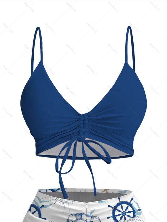 Vacation Couple Outfit Cinched Nautical Style Ship Wheel Seagull Print Swimsuit and Shirt Set - Blanc S | US 4