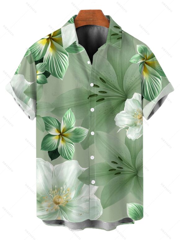 Vacation Hawaii Couple Outfit Hibiscus Lily Floral Print Lace Hollow Out Slit Dress and Shirt Set - Vert clair S | US 4