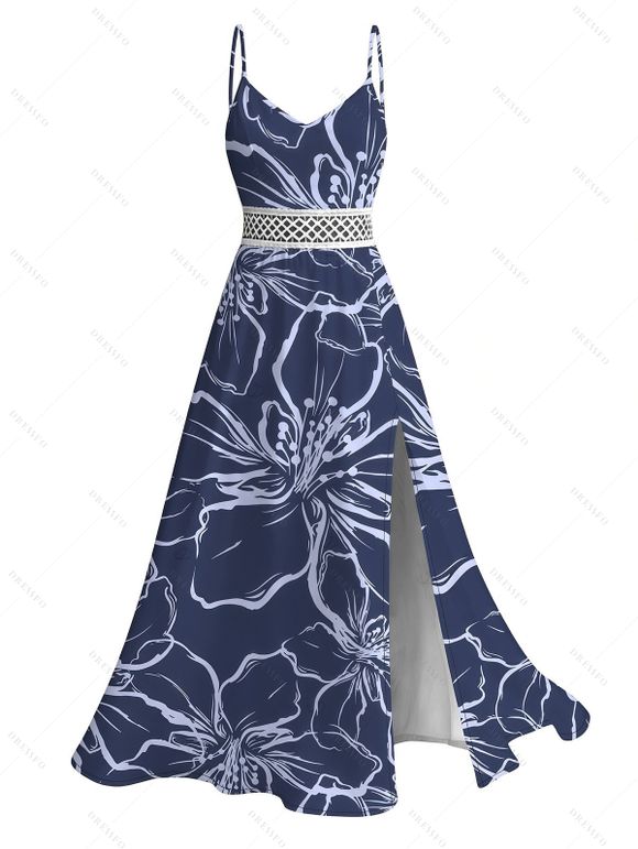 Hawaii Vacation Couple Outfit Sketch Hibiscus Floral Print Lace Hollow Out Slit Dress and Shirt Set - Bleu profond S | US 4