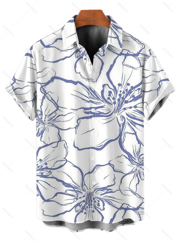 Hawaii Vacation Couple Outfit Sketch Hibiscus Floral Print Lace Hollow Out Slit Dress and Shirt Set - Bleu profond S | US 4