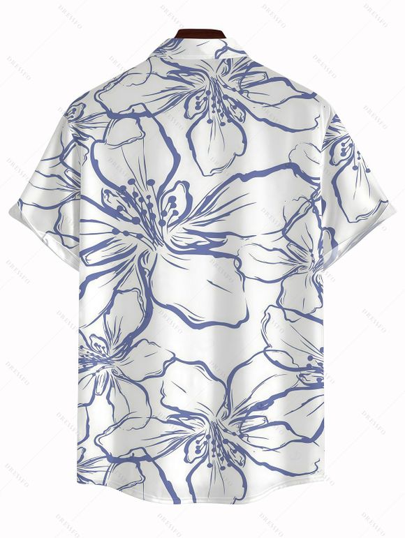 Hawaii Vacation Couple Outfit Sketch Hibiscus Floral Print Lace Hollow Out Slit Dress and Shirt Set - Bleu profond S | US 4