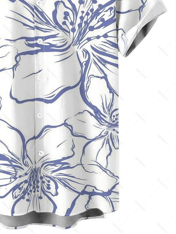 Hawaii Vacation Couple Outfit Sketch Hibiscus Floral Print Lace Hollow Out Slit Dress and Shirt Set - Bleu profond S | US 4