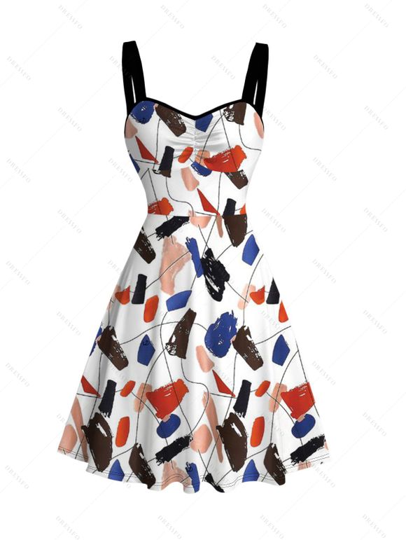 Vacation Couple Outfit Abstract Art Graffiti Color Block Print Ruched Dress and Shirt Set - Blanc S | US 4