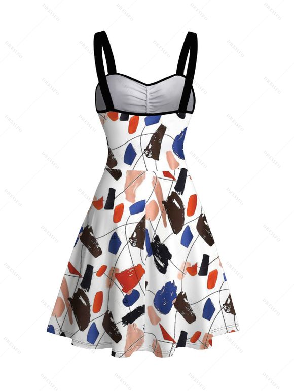 Vacation Couple Outfit Abstract Art Graffiti Color Block Print Ruched Dress and Shirt Set - Blanc S | US 4