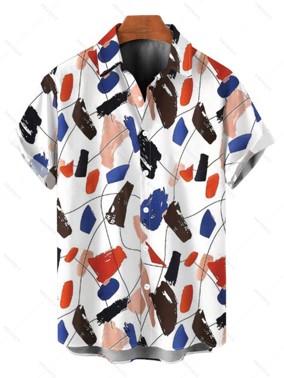 Vacation Couple Outfit Abstract Art Graffiti Color Block Print Ruched Dress and Shirt Set - Blanc S | US 4