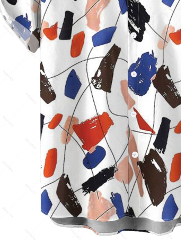 Vacation Couple Outfit Abstract Art Graffiti Color Block Print Ruched Dress and Shirt Set - Blanc S | US 4