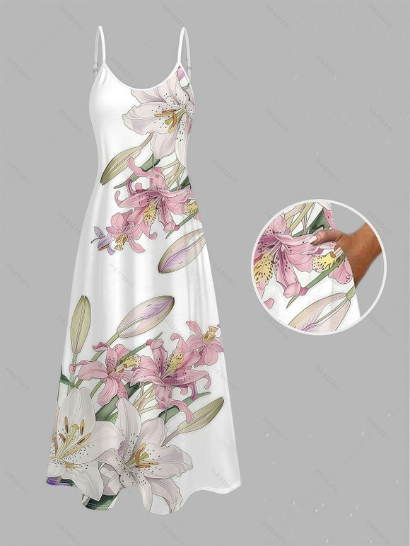 Vacation Couple Outfit Lily Floral Bud Print Pocket Spaghetti Strap Dress and Shirt Set - Blanc S | US 4
