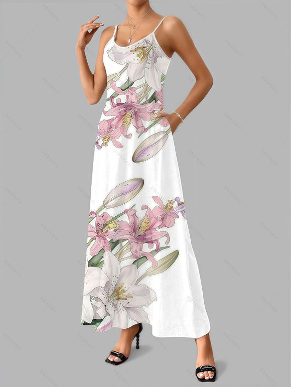 Vacation Couple Outfit Lily Floral Bud Print Pocket Spaghetti Strap Dress and Shirt Set - Blanc S | US 4