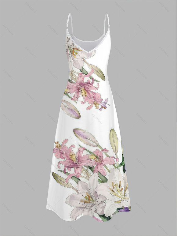 Vacation Couple Outfit Lily Floral Bud Print Pocket Spaghetti Strap Dress and Shirt Set - Blanc S | US 4