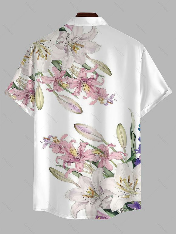 Vacation Couple Outfit Lily Floral Bud Print Pocket Spaghetti Strap Dress and Shirt Set - Blanc S | US 4