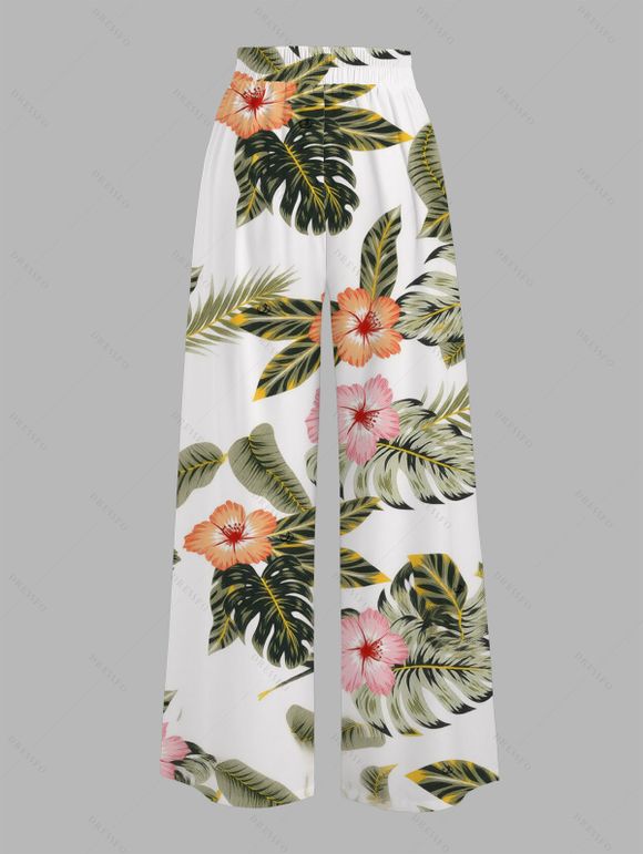 Vacation Pants Tropical Hibiscus Floral Leaf Print Wide Leg Belt Pants - Vert XXXXXL | US 20