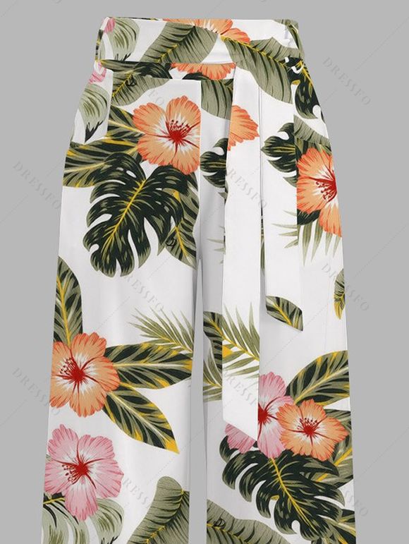 Vacation Pants Tropical Hibiscus Floral Leaf Print Wide Leg Belt Pants - Vert XXXXXL | US 20