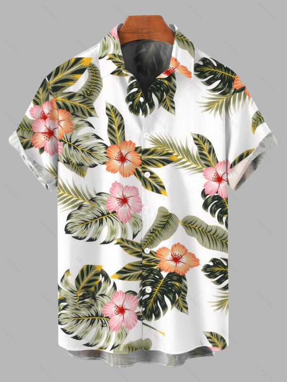 Vacation Couple Outfit Skew Neck Ruched Tank Top Tropical Floral Leaf Print Belt Pants and Shirt Shorts Set - Vert S | US 4