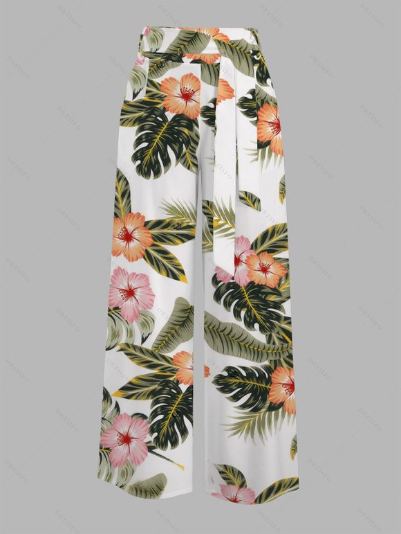 Vacation Couple Outfit Skew Neck Ruched Tank Top Tropical Floral Leaf Print Belt Pants and Shirt Shorts Set - Vert S | US 4