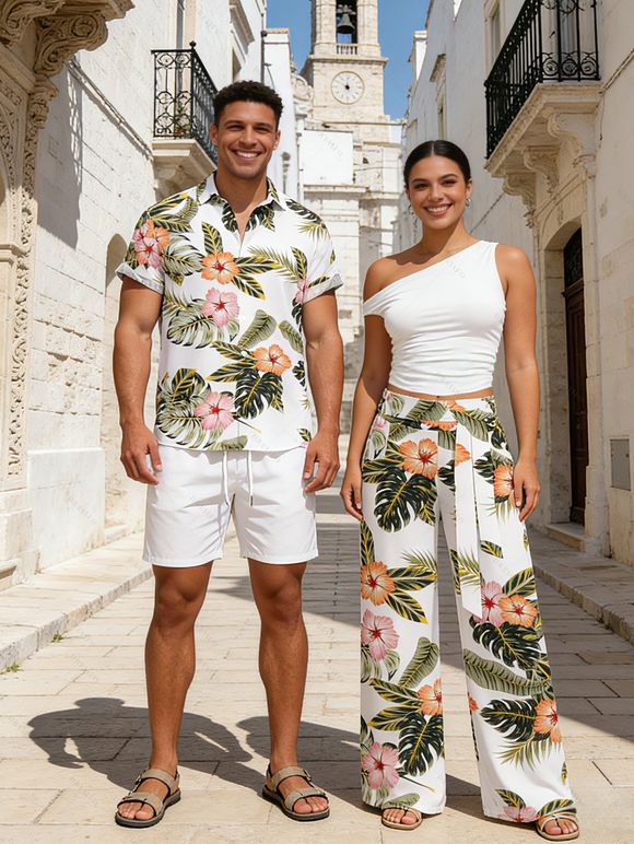 Vacation Couple Outfit Skew Neck Ruched Tank Top Tropical Floral Leaf Print Belt Pants and Shirt Shorts Set - Vert S | US 4