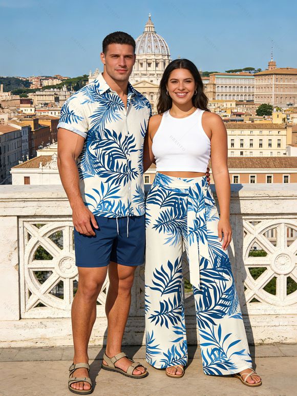 Vacation Couple Outfit Cropped Tank Top Tropical Leaf Print Belt Pants and Shirt Shorts Set - Bleu S | US 4