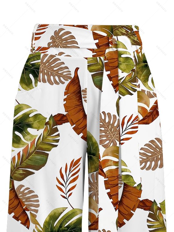 Vacation Pants Tropical Monstera Leaf Print Belt Wide Leg Pants - PLANT GREEN XXXXL | US 18