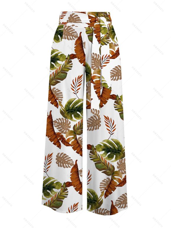 Vacation Pants Tropical Monstera Leaf Print Belt Wide Leg Pants - PLANT GREEN XXXXL | US 18